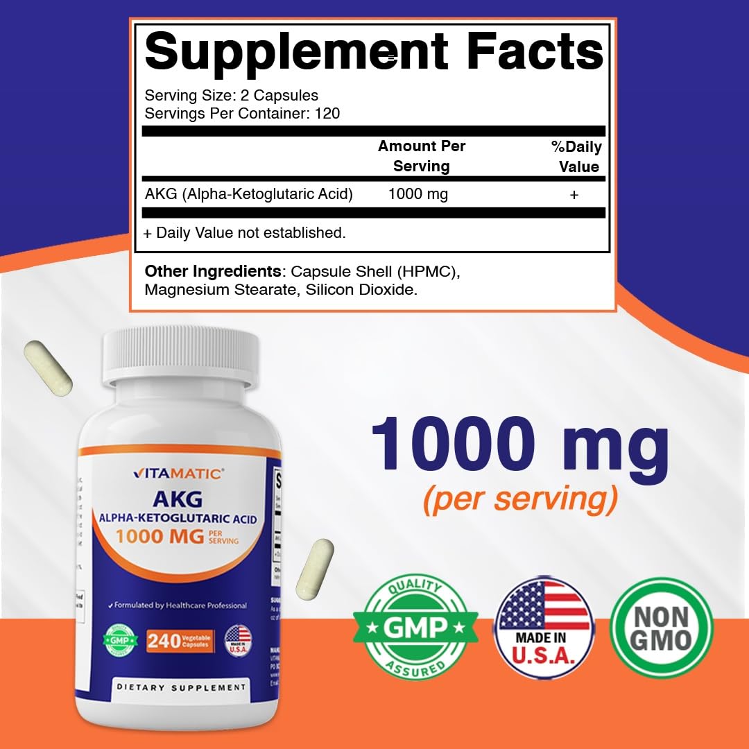 Vitamatic Alpha-Ketoglutaric Acid (AKG) 1000 mg Per Serving – Amino Acid Support for Energy, Metabolism & Cellular Health – 240 Veg Capsules – Non-GMO, Made in USA — Amazon image 2