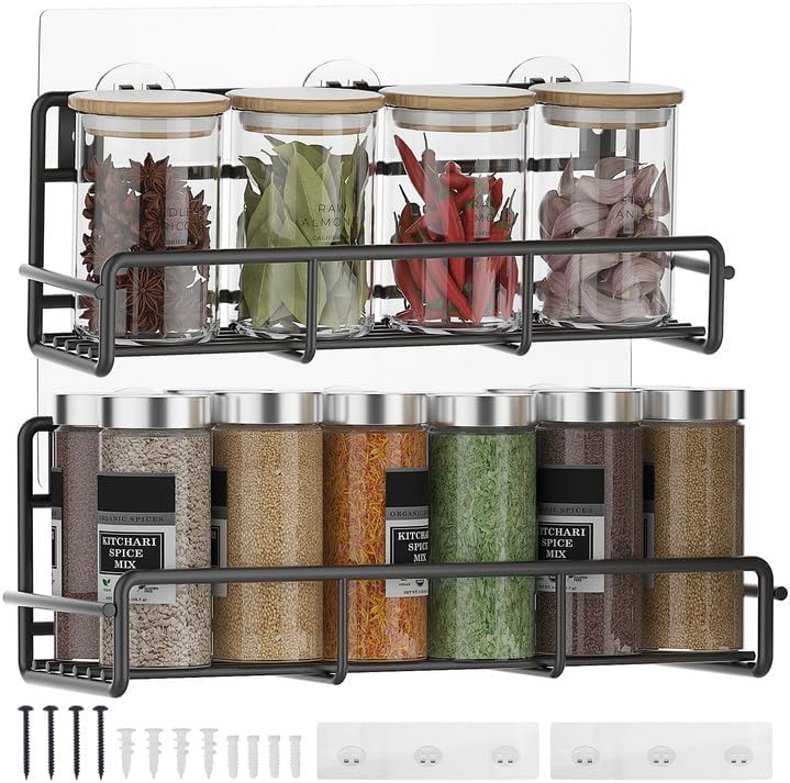 Wall Mounted self adhesive Kitchen spice Rack | Multipurpose Metal Organizer Shelf for Jars, Spices & Bottles | Space Saving bathroom bottles (Set of 2, Black) free 4 piece self adhisive sticker-image-22