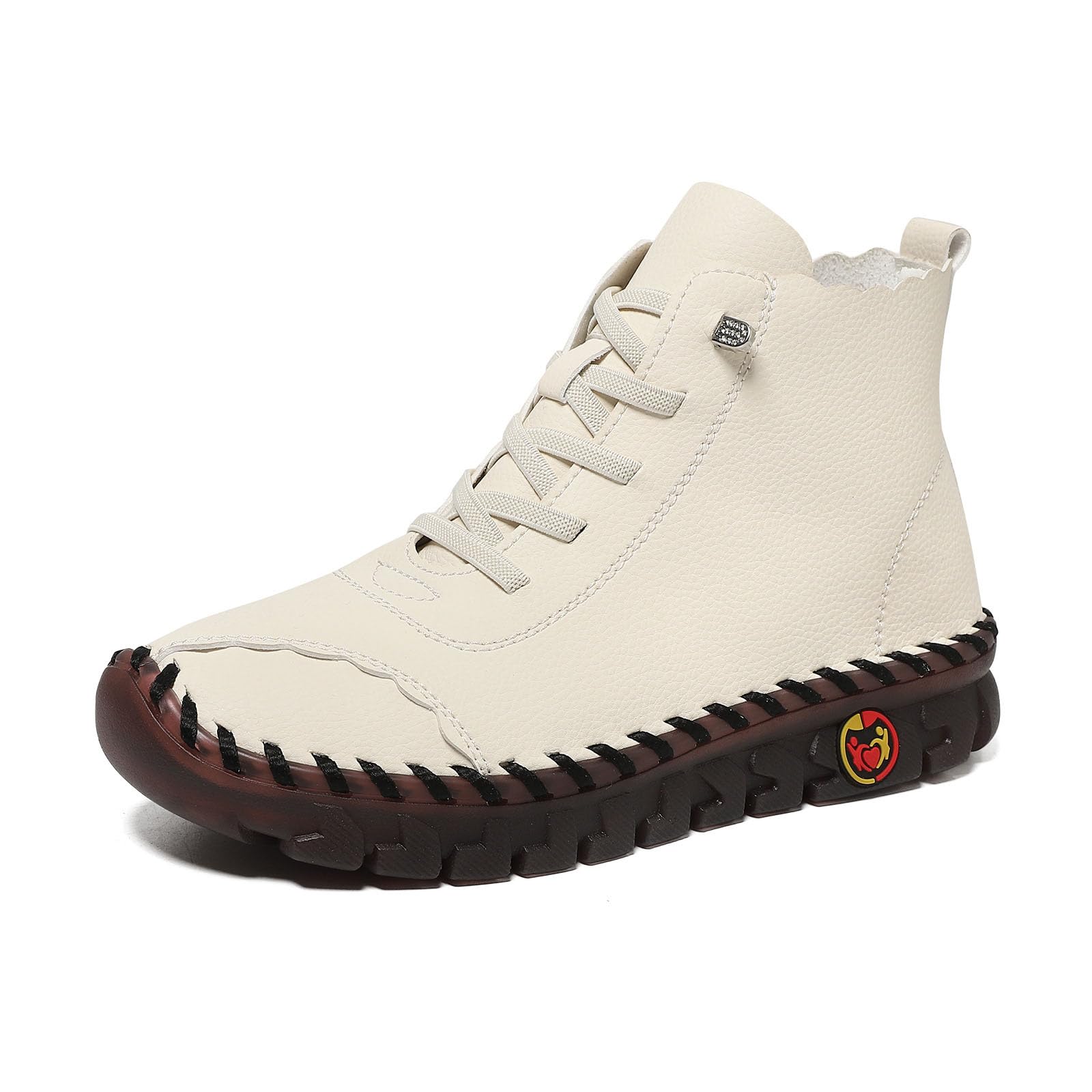 Womens Elastic Lace-Up Leather Platform Ankle Boots Casual Round-Toe Non-Slip High-Top Sneakers Comfortable Soft Working Mom Walking Shoes