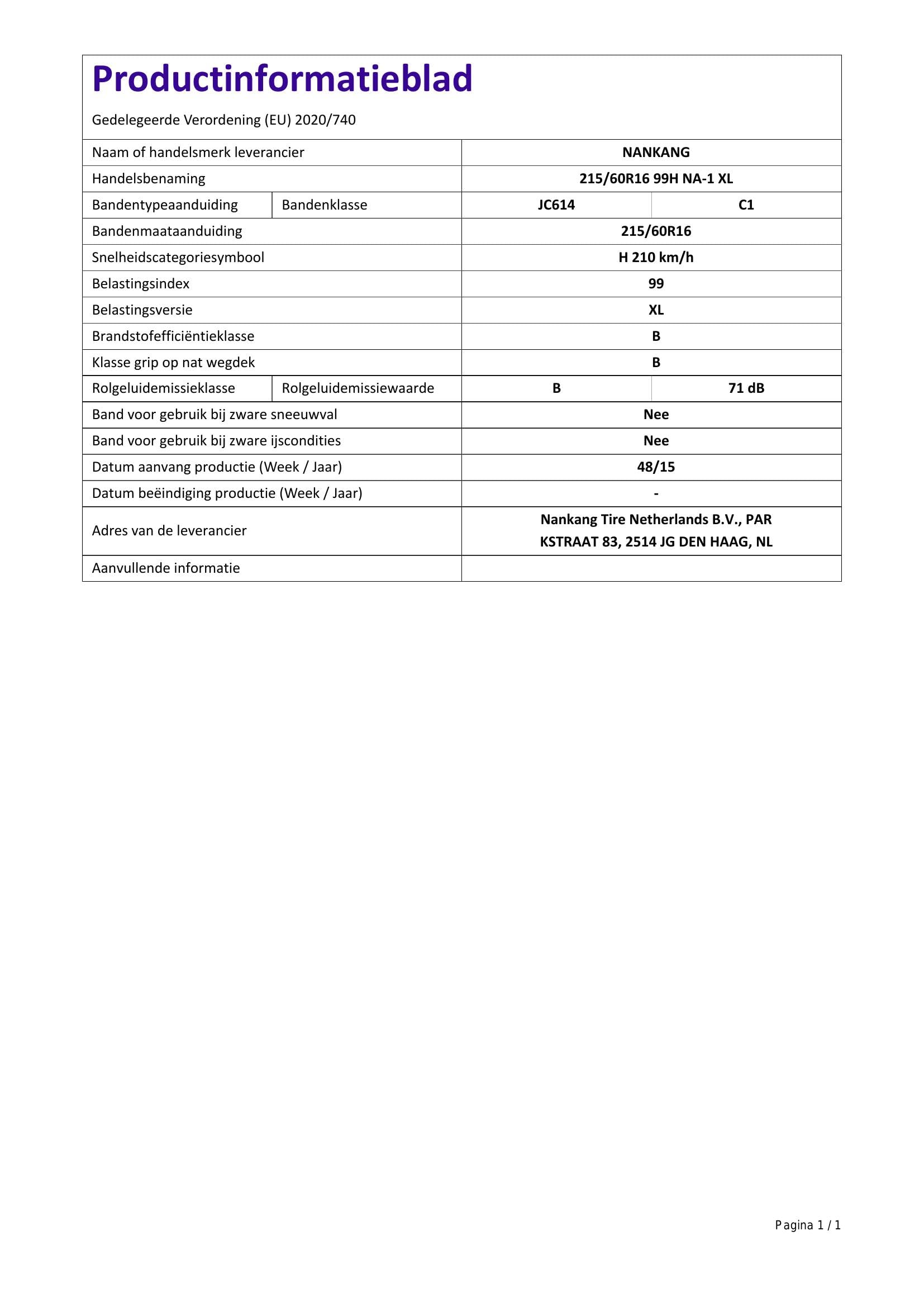 Nankang NA-1 XL - 215/60R16 99H - Pneumatico Estivo