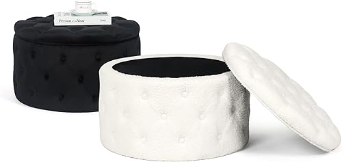 Miniatura 35 de Adeco Moderna silla otomana redonda de almacenamiento de 28 pulgadas, reposapiés otomano tapizado con botones con almacenamiento para sala de estar