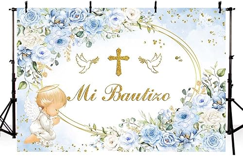 Miniatura 4 de AIBIIN Telón de fondo de 7 x 5 pies Mi Bautizo de bautismo mexicano, fondo azul para baby shower, para niños, Dios bendiga la primera comunión,