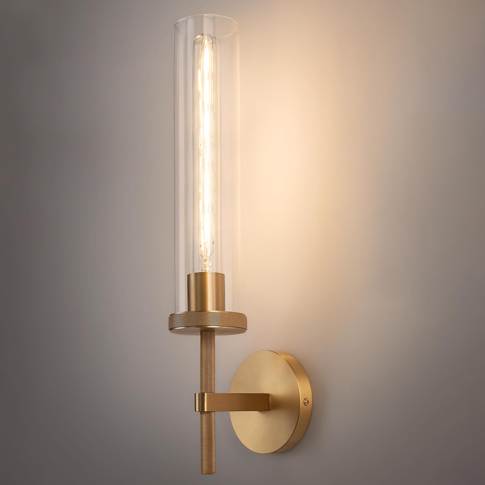 Photo 1 of 19.5" Knurled Brass Wall Sconce with Clear Glass Tube, Gold Bathroom Vanity Light Fixtures, Modern Lamp Lighting for Bedroom, Living Room, Hallway, Staircase, Mirror, Kitchen