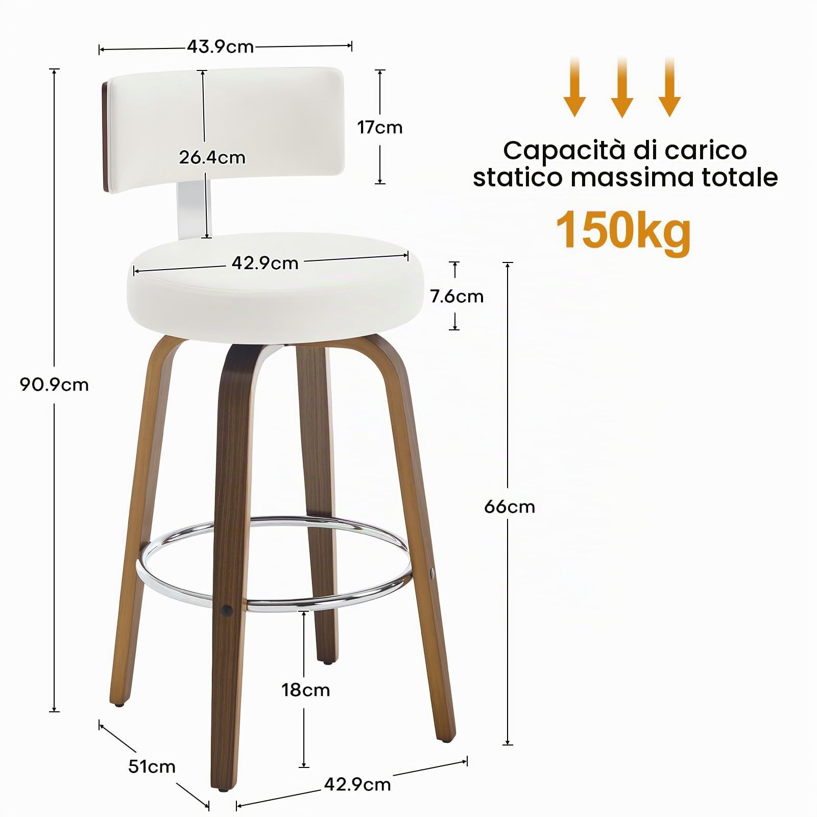 Bekrvio Set da 4 Sgabelli Girevoli con Altezza da Bar, Sgabelli da Bar in Legno Massiccio con Schienale, Altezza Seduta 65 cm, Sedia Girevole da Bar–Sgabello da Bar per Esterno Resistente agli Agenti