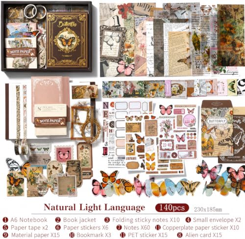 Image of RANDEN Butterfly Journaling Kit, 346PCS Vintage Scrapbook & Stationery Set with Aesthetic Stickers, Ephemera Pack and Journal Supplies for Bullet Journals, Planners, Albums & Creative Crafts (Butterfly)