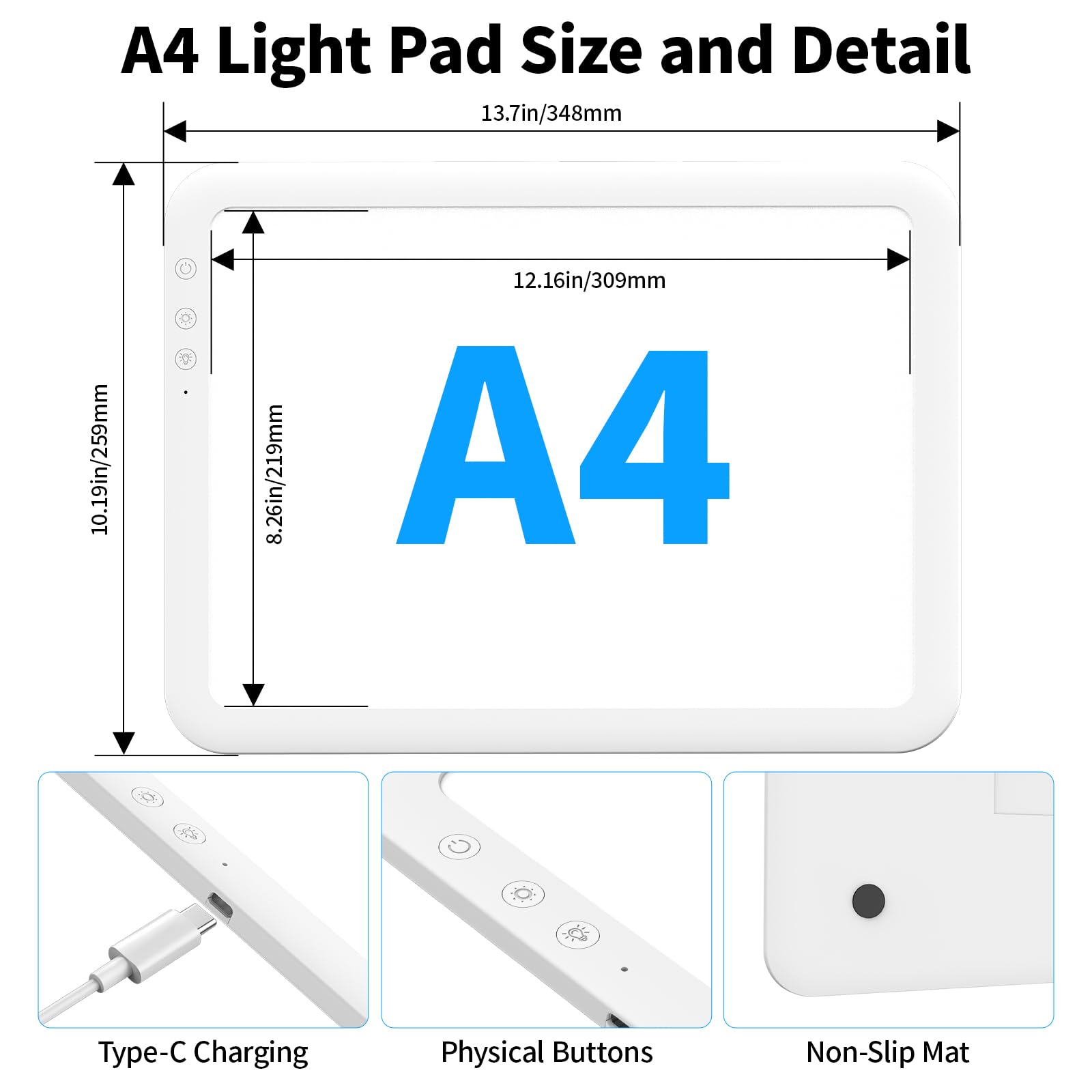 TOHETO Pad A4 ricaricabile a LED super luminoso, alimentato da batteria al litio da 3500 mAh per diserbo in vinile, lavagna luminosa portatile senza fili per tracciare, pittura a diamante, schizzi e