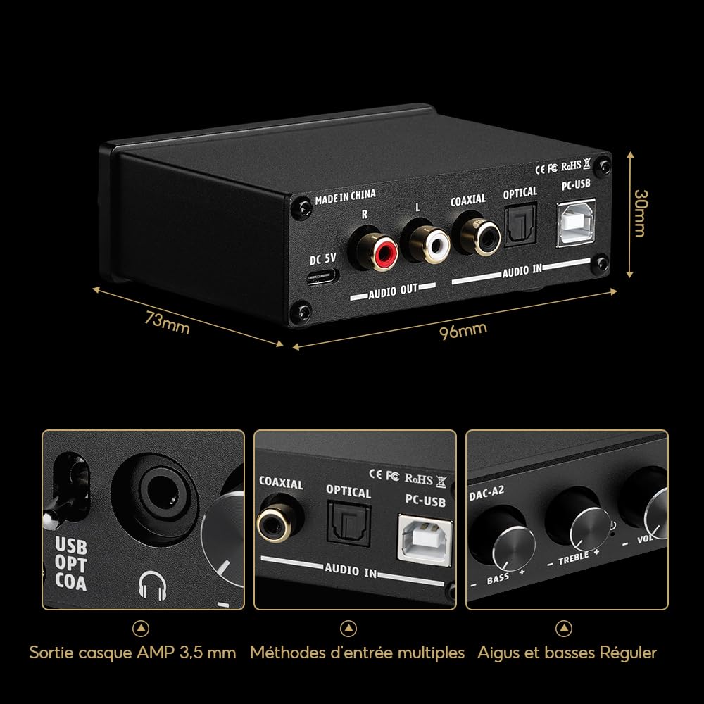 AIYIMA DAC A2 Amplificateur de casque Convertisseur DAC Mini décodeur de jeu stéréo Ordinateur de bureau DAC PC-USB/Coaxial/Optique vers RCA Sortie casque 24 bits192 kHz Ampli DAC numérique-analogique
