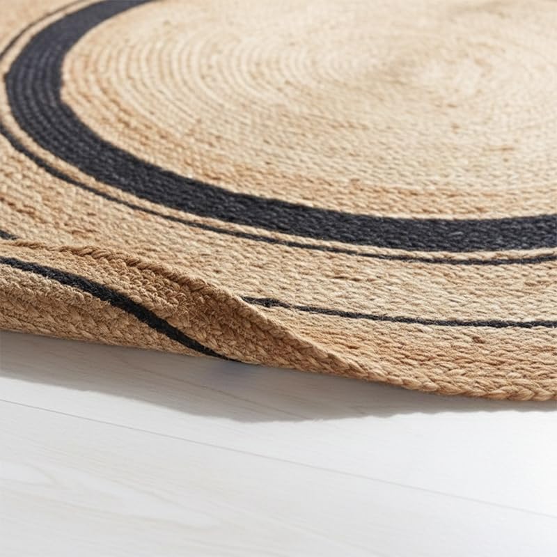 Image of Jute Round Carpet 3x3 feet - Handmade Braided Boho Rug for Living Room, Bedroom & Balcony - Soft Washable Floor Mat, Color - Beige Black