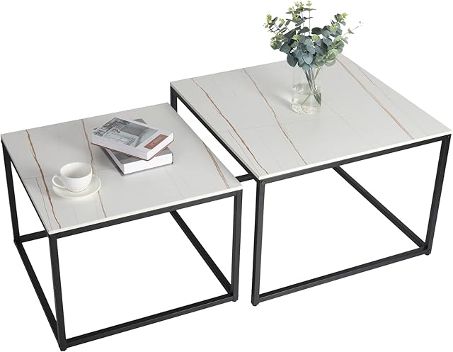 Nesting Coffee Table Living Room: Modern Nest Square Coffee Table White Sintered Stone Large Marble Tabletop Sets Sofa Storage Desk with Black Metal Legs Luxury Center Home Furniture