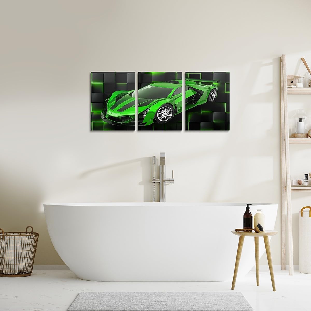Feelyou 12"x16" 3pcs Green Race Car Modern Geometric Wall Art, Canvas Prints, Office Wall Decor