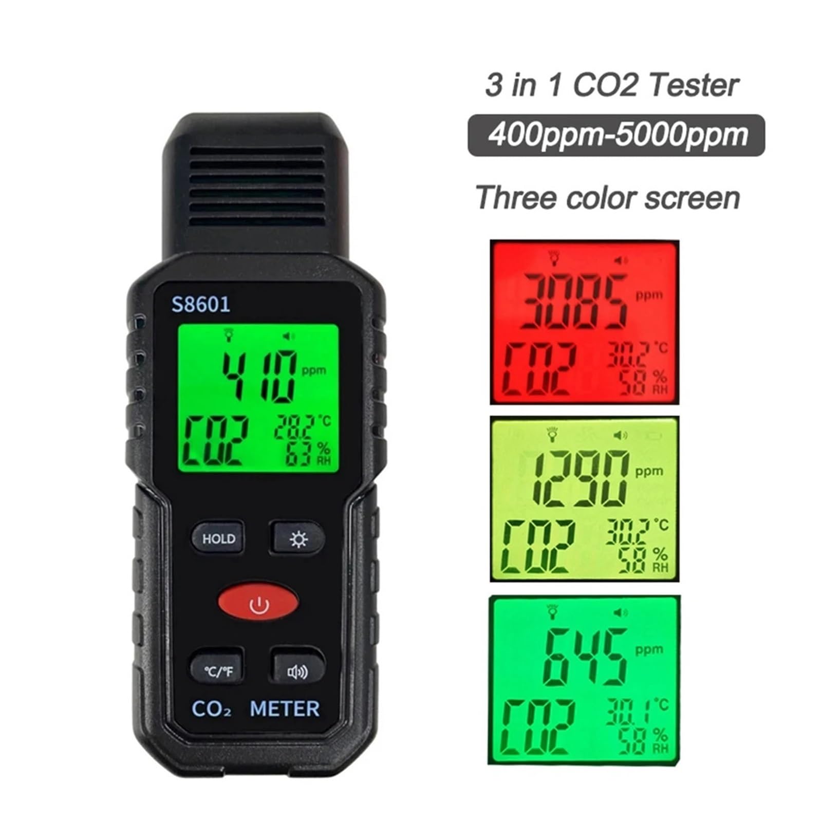 Monitor de Calidad del Aire, Medidor de CO2 3 en 1, Monitor portátil de Calidad del Aire, 5000 ppm, Detector de dióxido de Carbono (°C/°F),para casa, Oficina y Coche(Blackred S8601)