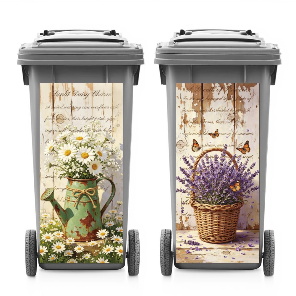 ANATTASOUL 2 Sheets Spring Wheelie Bin Stickers Countryside Flowers Retro Waterproof Dustbin Covers Decor, 14.9"x 32.2" Adhesive Large Decal for Bins, Fridge, Wall Outdoor, Indoor Decoration