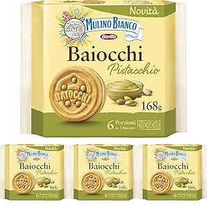 Mulino Bianco Biscotti Baiocchi al Pistacchio, Biscotti con Pistacchio e Pastafrolla Ideali per Colazione o Merenda, Senza Olio di Palma, 6 Porzioni da 3 Biscotti (Confezione da 4)