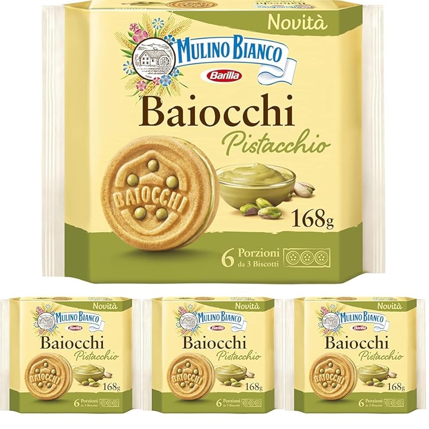 Mulino Bianco Biscotti Baiocchi al Pistacchio, Biscotti con Pistacchio e Pastafrolla Ideali per Colazione o Merenda, Senza Olio di Palma, 6 Porzioni da 3 Biscotti (Confezione da 4)