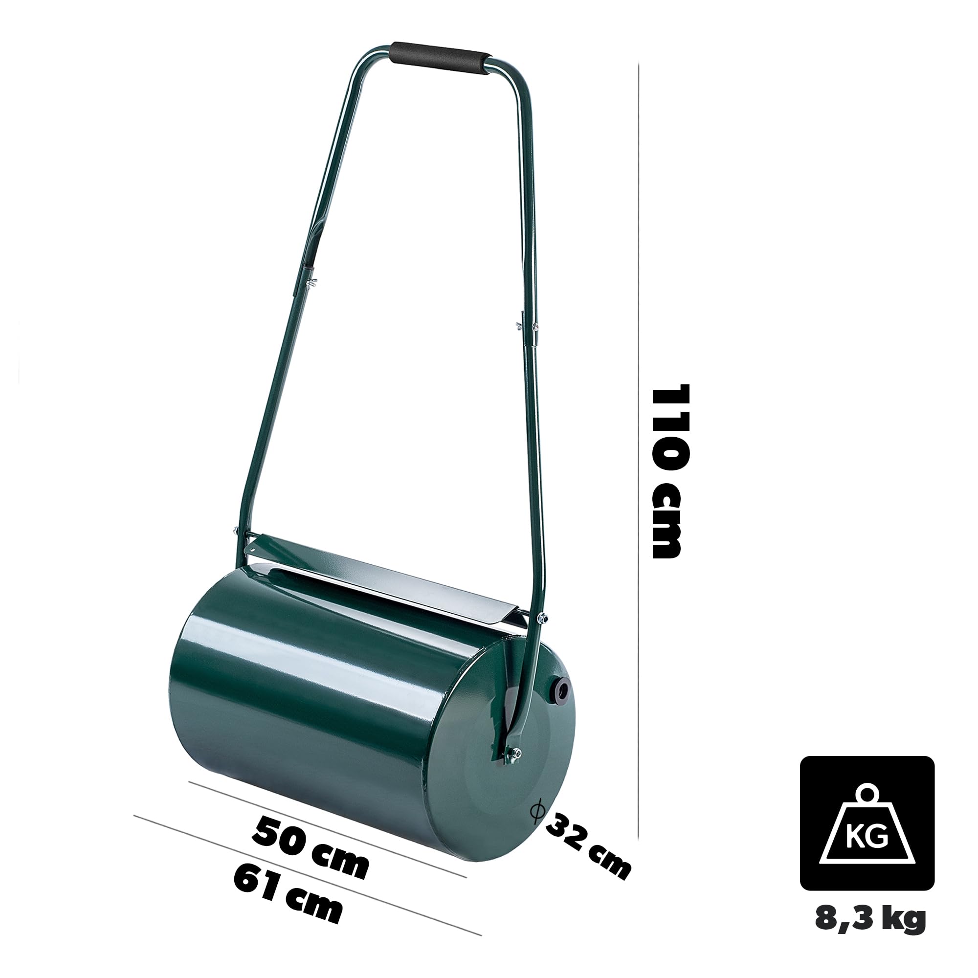 KADAX Rodillo para césped, 50 cm de ancho, 32 cm de diámetro, rellenable con agua o arena, rodillo de jardín de metal, rodillo de césped para el cuidado del césped y compactación del suelo