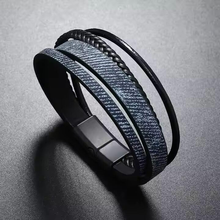 Image of THE MEN THING Leather Bracelet for Men - American Style Genuine Leather Multi-Layer Braided Bracelet with 100% Stainless Steel Magnetic Buckle for Men & Boys (8 inch)