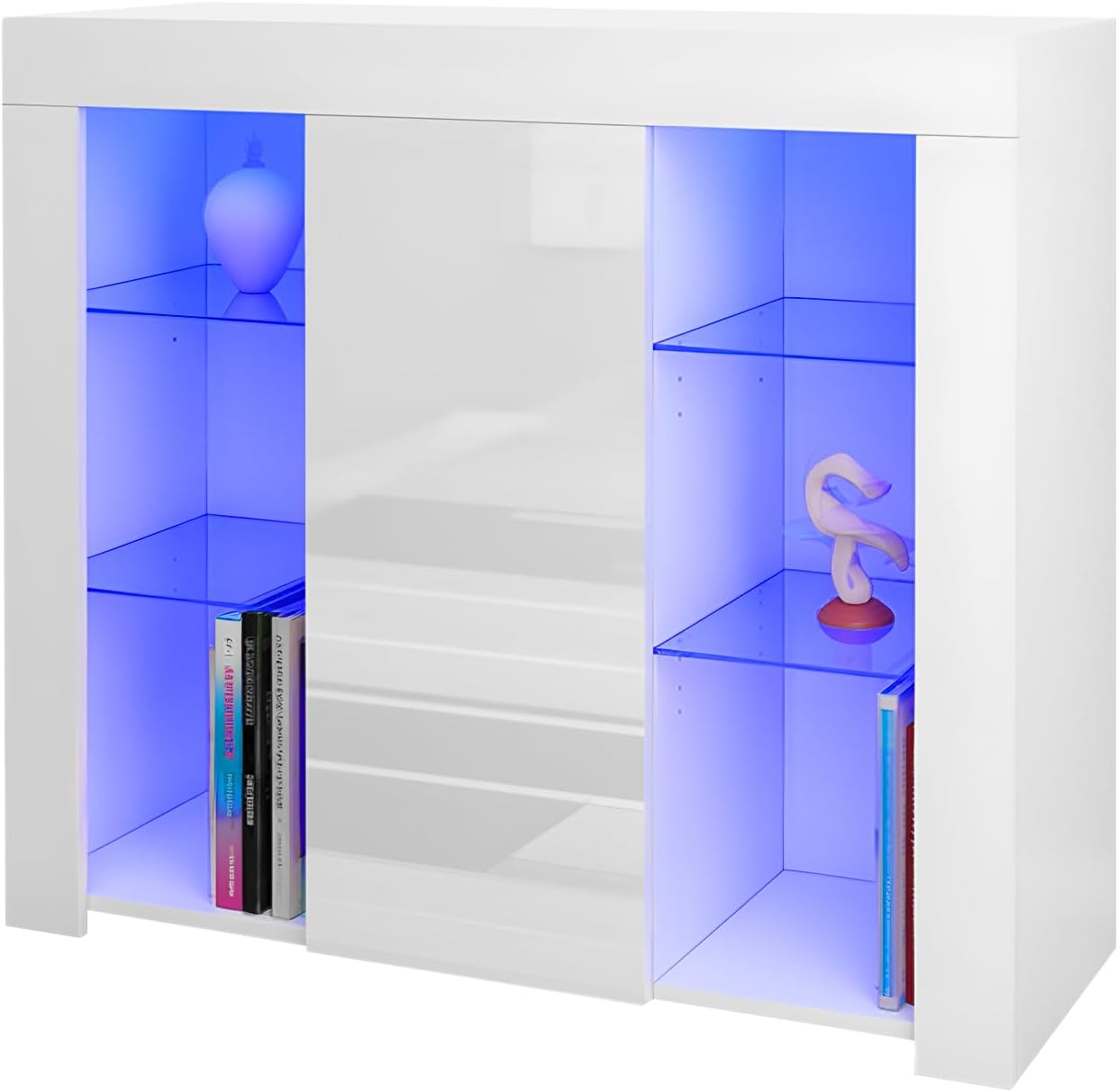 Panana Sideboard Cupboard Unit 4 Glass Shelves Cabinet RGB LED Lighted (White)