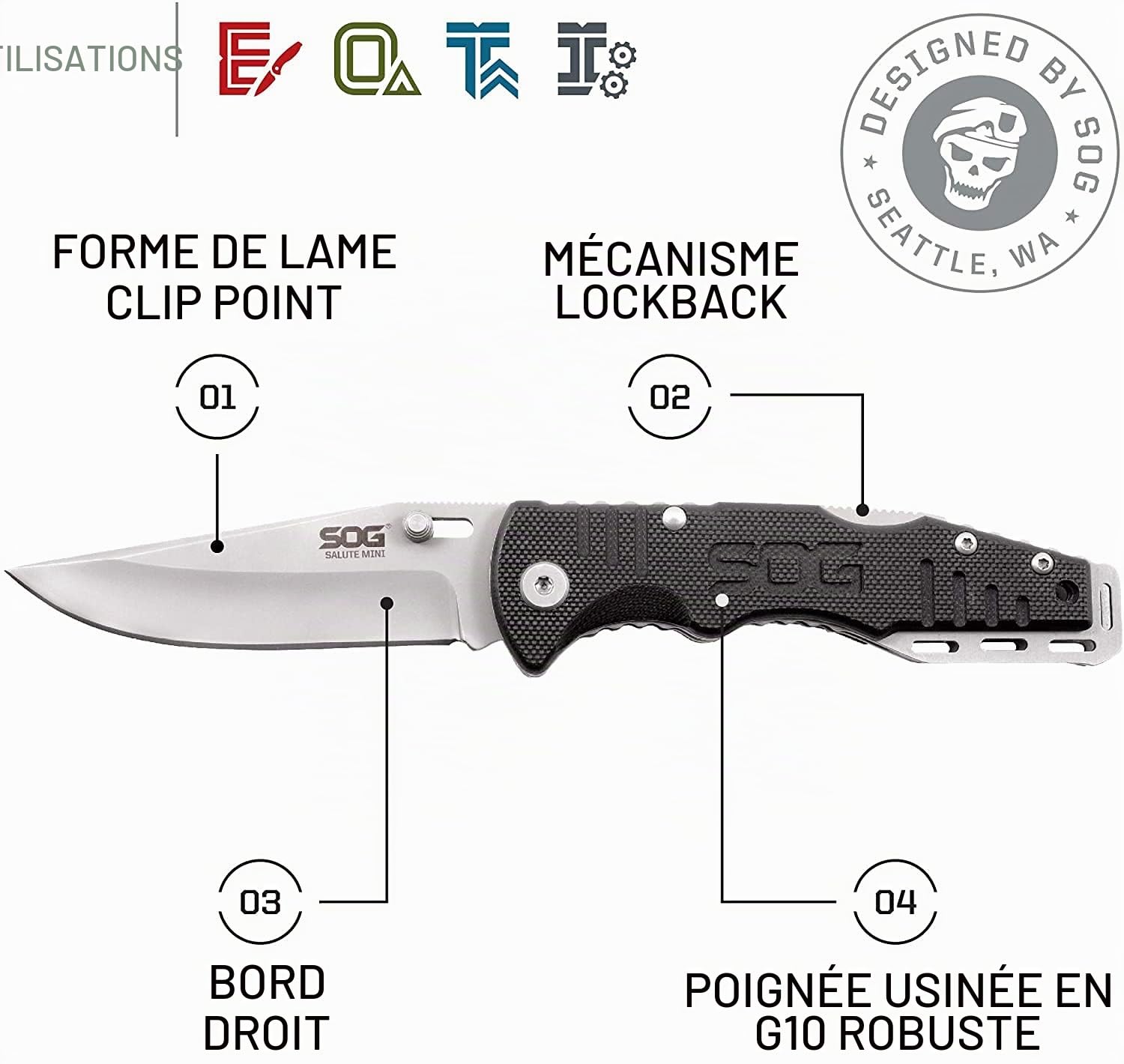 Sog Salute Mini Bead Blast 8Cr13MoV Couteau Pliant