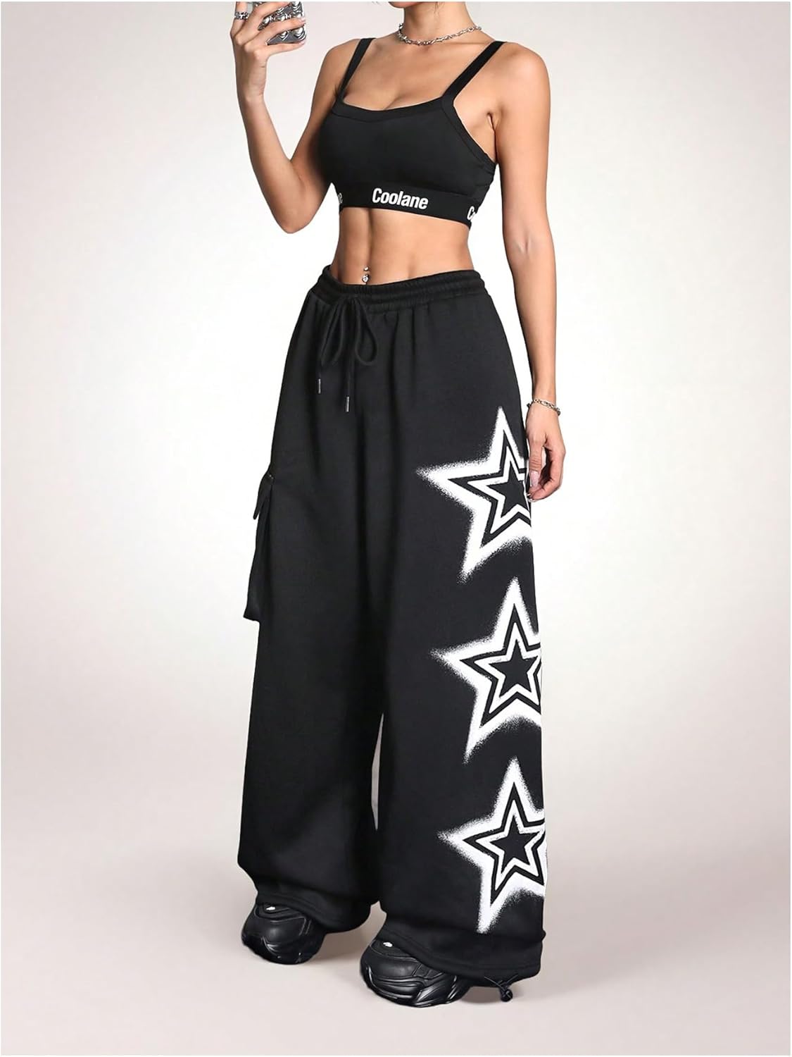 Women's Y2k Baggy Sweatpants Star Print Drawstring Elastic Waist Baggy Pants Wide Leg Fleece Lined Cargo Sweatpants - Image 4