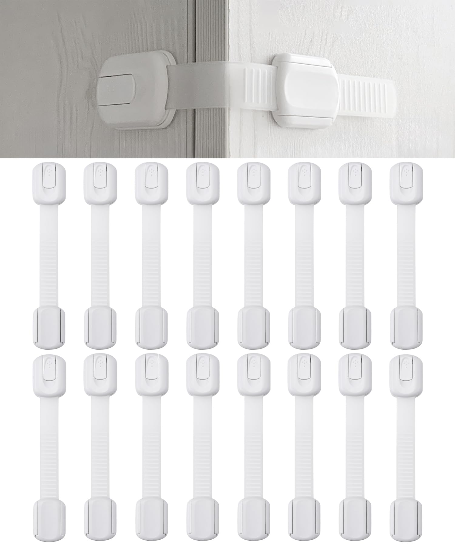 Bates- Child Safety Strap Locks, 16 Pack, White, Baby Cabinet Locks with Adjustable Strap Length