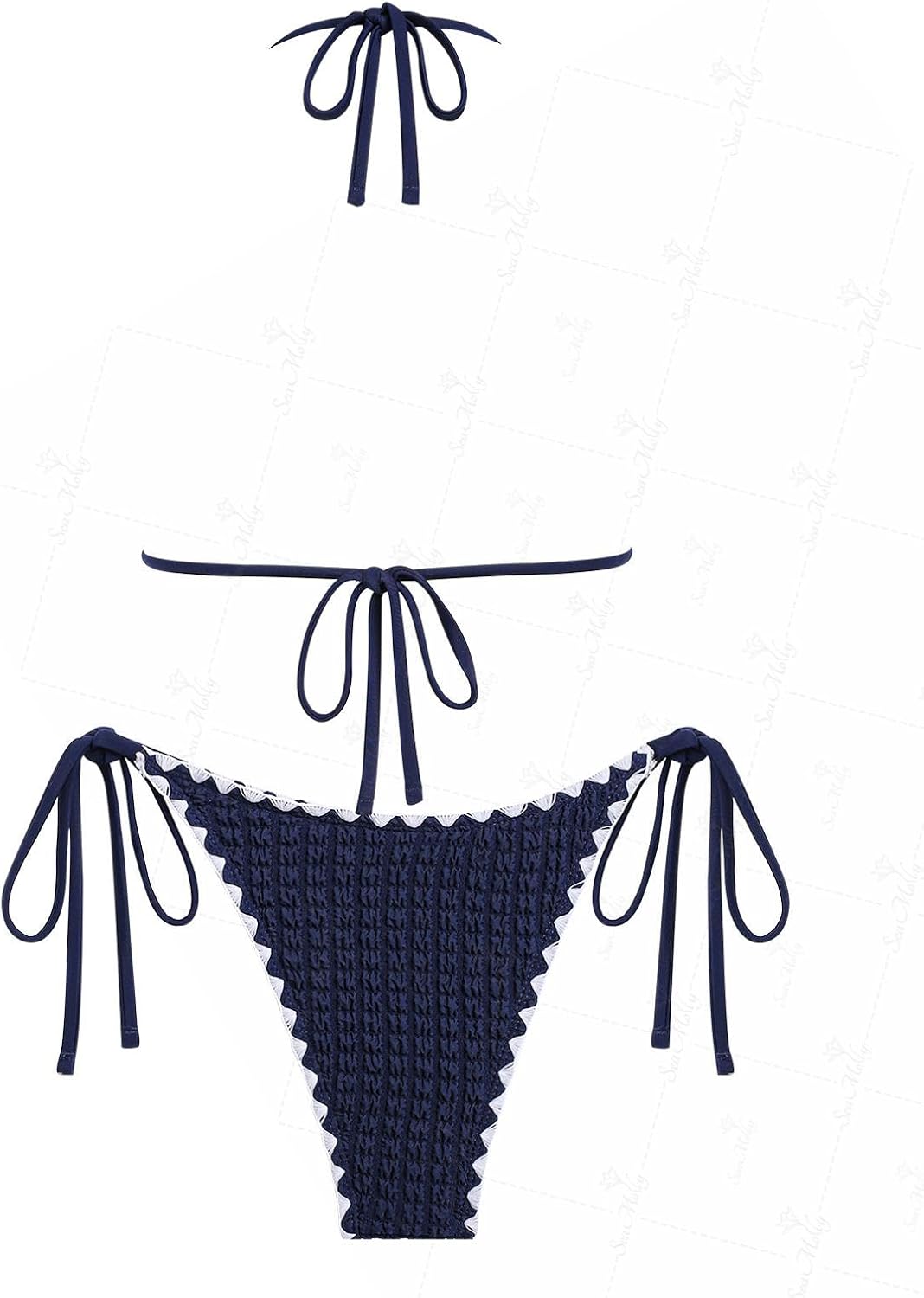 seamoly Contrast Binding Textured Halter Triangle Tie Side Bikini Set