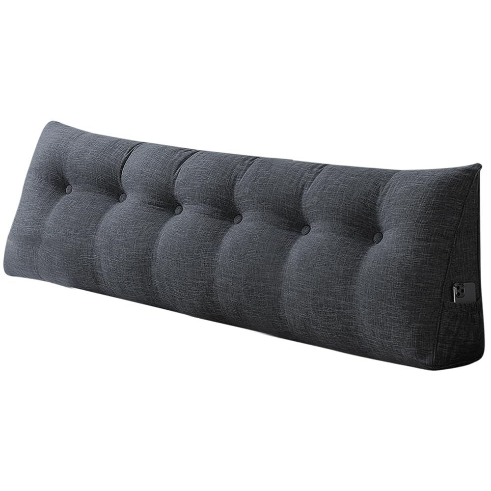 Cojín de cuña Triangular, Soporte para la Cama, Almohada de Lectura, extraíble (Gris Oscuro, 180 x 50 x 20 cm, Algodón Y Lino)