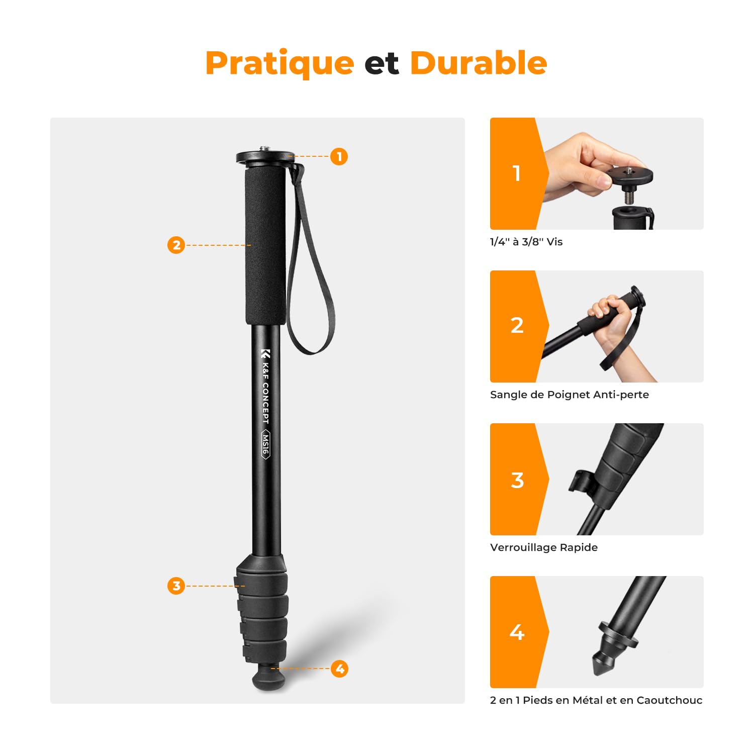 K&F Concept Monopode 160cm, Trépied de Voyage Multifonctionnel Amovible pour Gopro DSLR avec Cordon Anti-Perte, Extensible Appareil Photo, Charge Max 5kg, Poids 0,33kg - MS16
