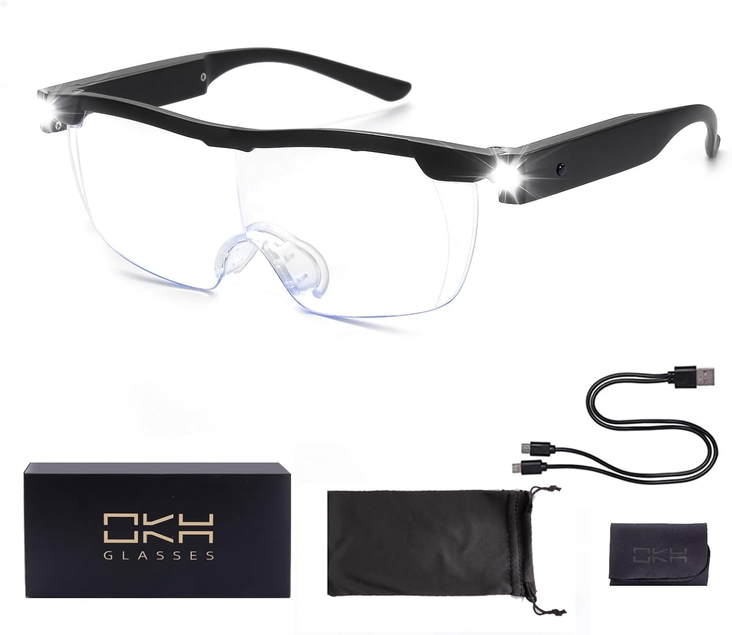 OKH 160% Bright LED Readers Glasses Lighted led Magnifying Eyewear Strong Magnifying Glasses with Light for Close Work Reading