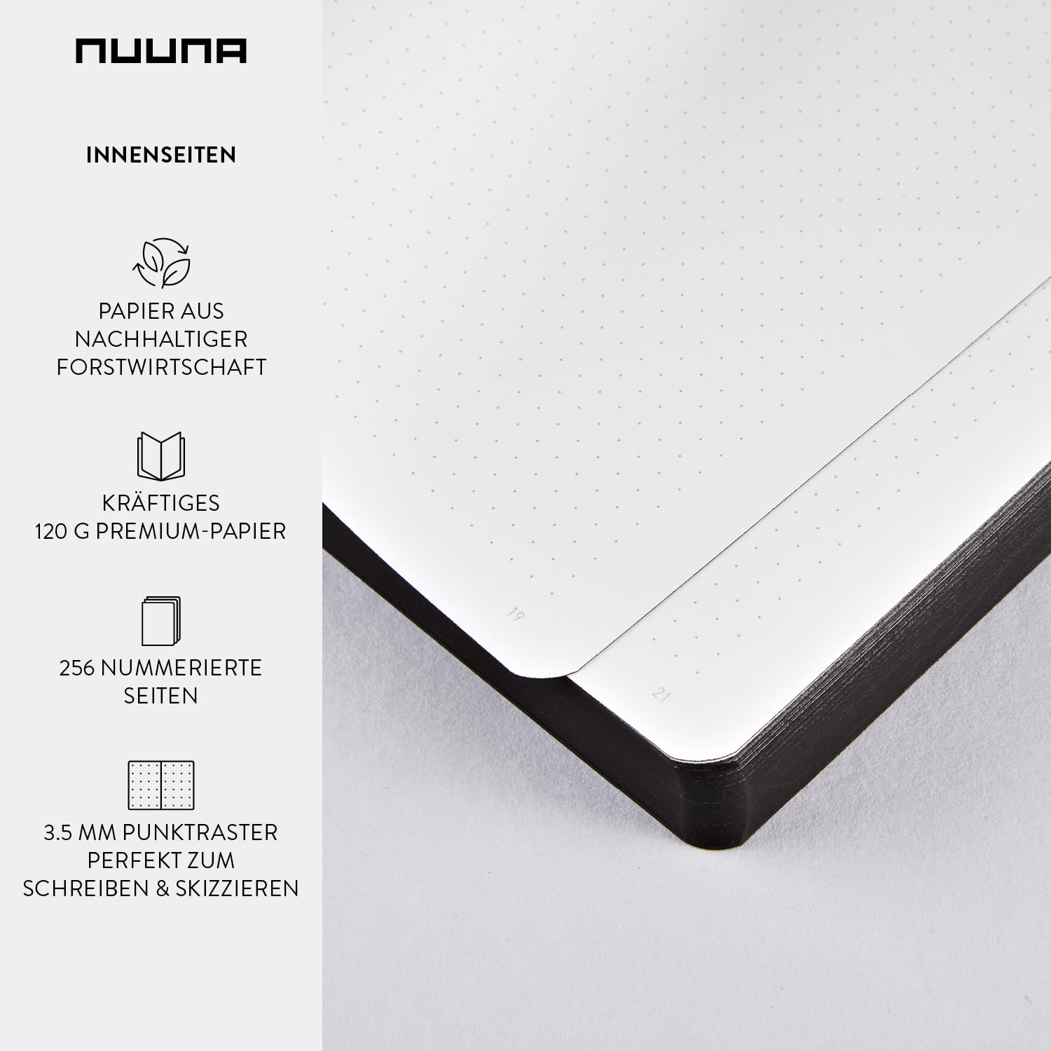 Nuuna Notizbuch A5+ | Voyager L - Schwarz | Dotted | 3,5mm Punktraster | 256 nummerierte Seiten | 120g Premium-Papier | Leder schwarz | mit Stift- und Smartphonehalterung | made in Germany