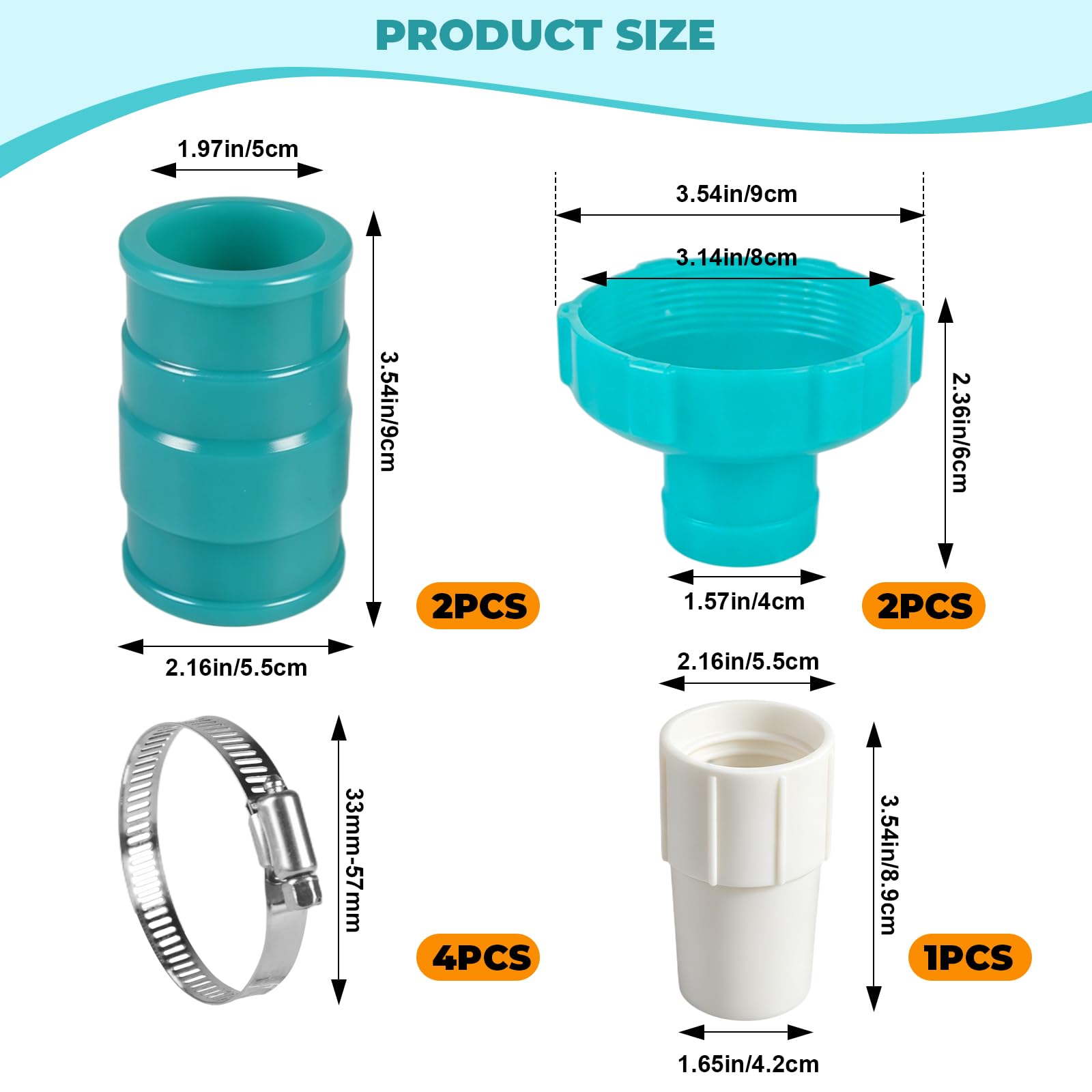 Juego de 2 adaptadores de manguera de vacío para piscina, adaptador de manguera de skimmer de piscina, conector B con puños y abrazaderas de manguera de piscina de 1-1/2 pulgadas, adaptador de