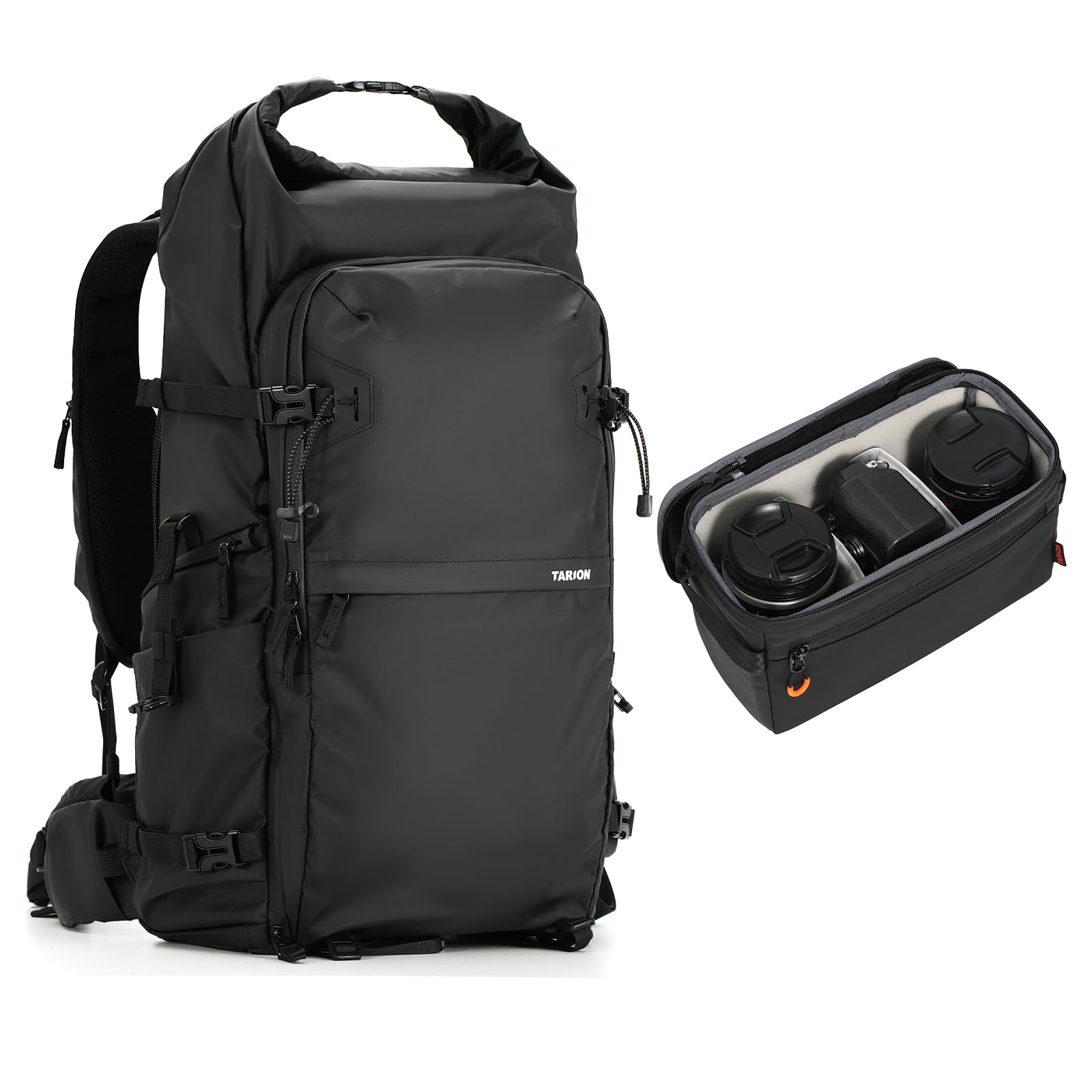 TARION Bundle-2 items: Expandable Rolltop Camera Bag XProber (35L), Padded Camera Insert Bag Fits 1 Camera and 2 Lenses ShellCore XS (4.4L)