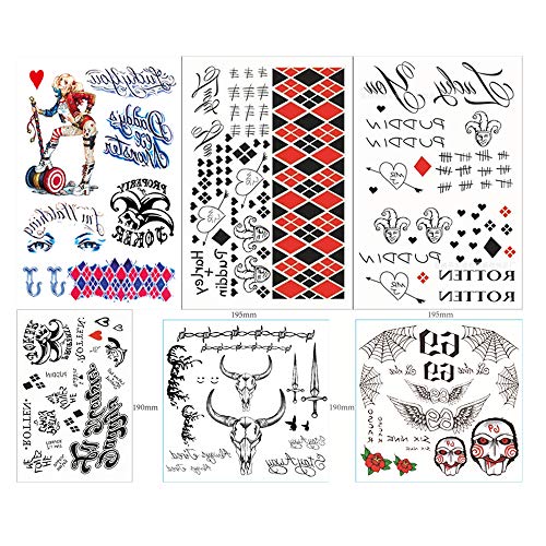 WAINEO Halloween Autocollants De Tatouages Temporaires - Autocollants De Clown Cosplay Batman Suicide Squad Joker Autocollants De Tatouages Temporaires Imperméables