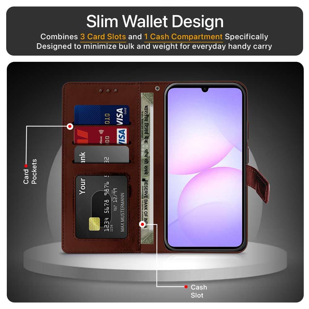 WOW IMAGINE Shock Proof Flip Cover Back Case Cover for Samsung Galaxy M17e 5G | F70e 5G | M07 | F07 | A07 | A07 5G (Flexible | Leather Finish | Card Pockets Wallet & Stand | Brown) — Amazon image 3