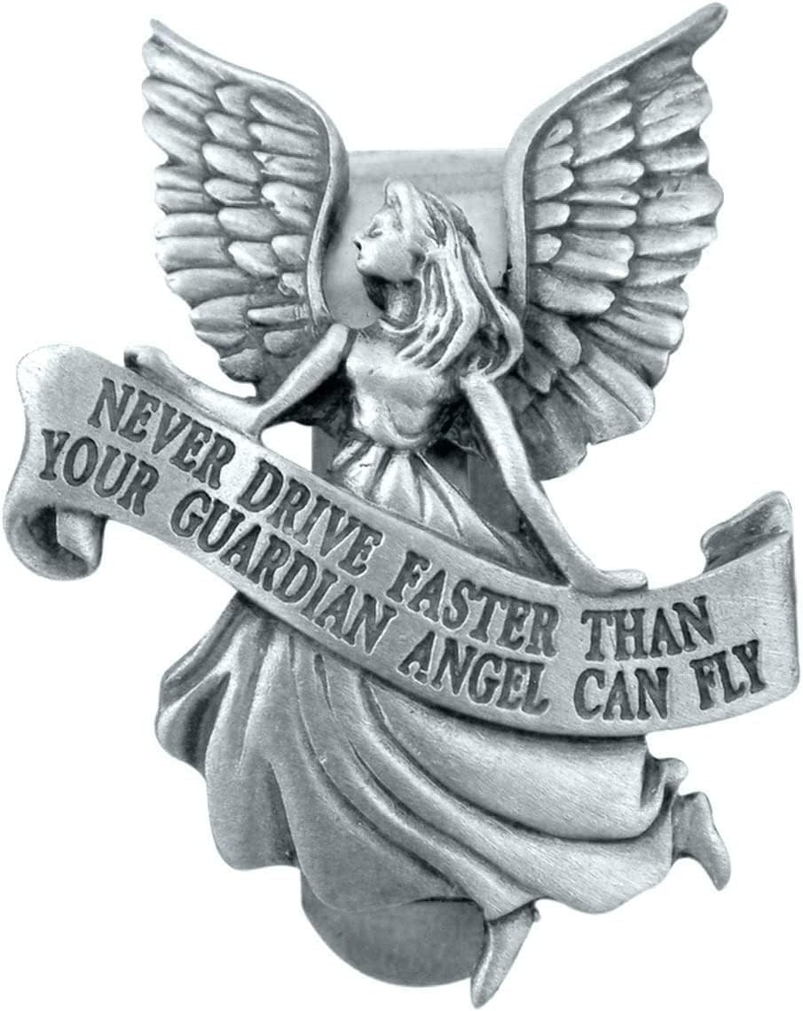 DmStore Guardian Angel Car Visor Clip, Pewter Religious Car Accessory, Never Drive Faster Than Your Guardian Angel Can Fly, Christian Gift for New Driver, 2 Inch Silver