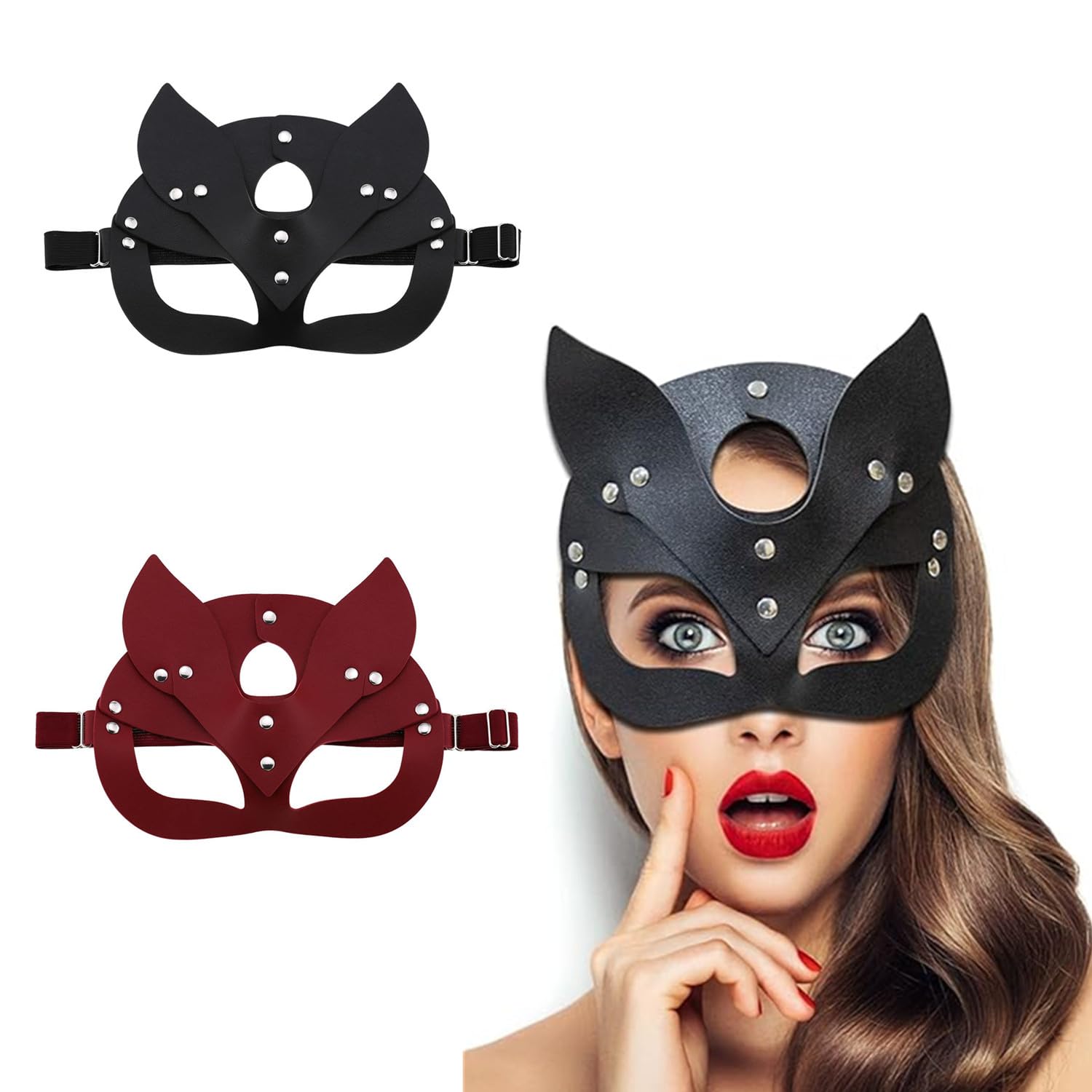 2pcs Black+Red Women's Masquerade Mask Set, Half Face Cat Ears Headband, Sexy PU Cat Mask for Cosplay, Venetian Masquerade Party Accessories, Halloween Carnival Costume Props