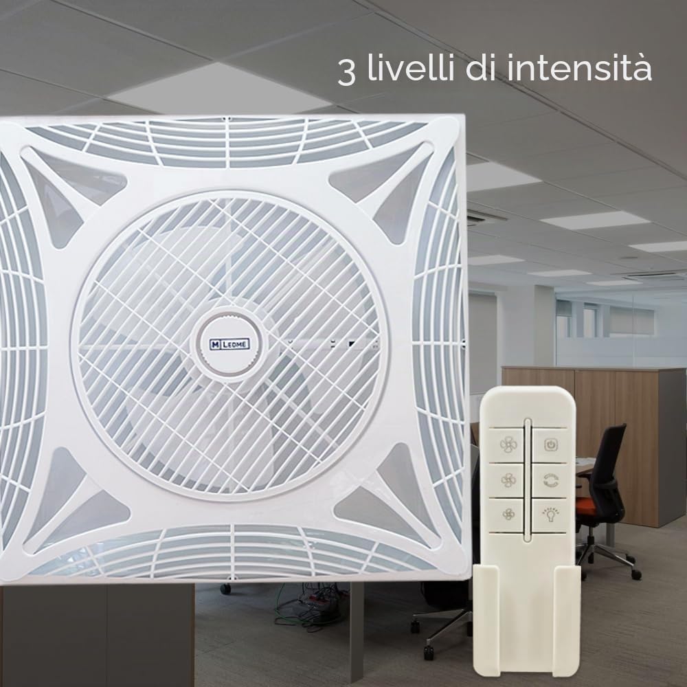 M Ledme - Ventilatore da Soffitto Armstrong Square 68W con luce Led Bianca Fredda (6000k), Incassato, 1172LM, Telecomando, Motore AC, Silenzioso, 3 velocità, ideale per uffici. LM8087