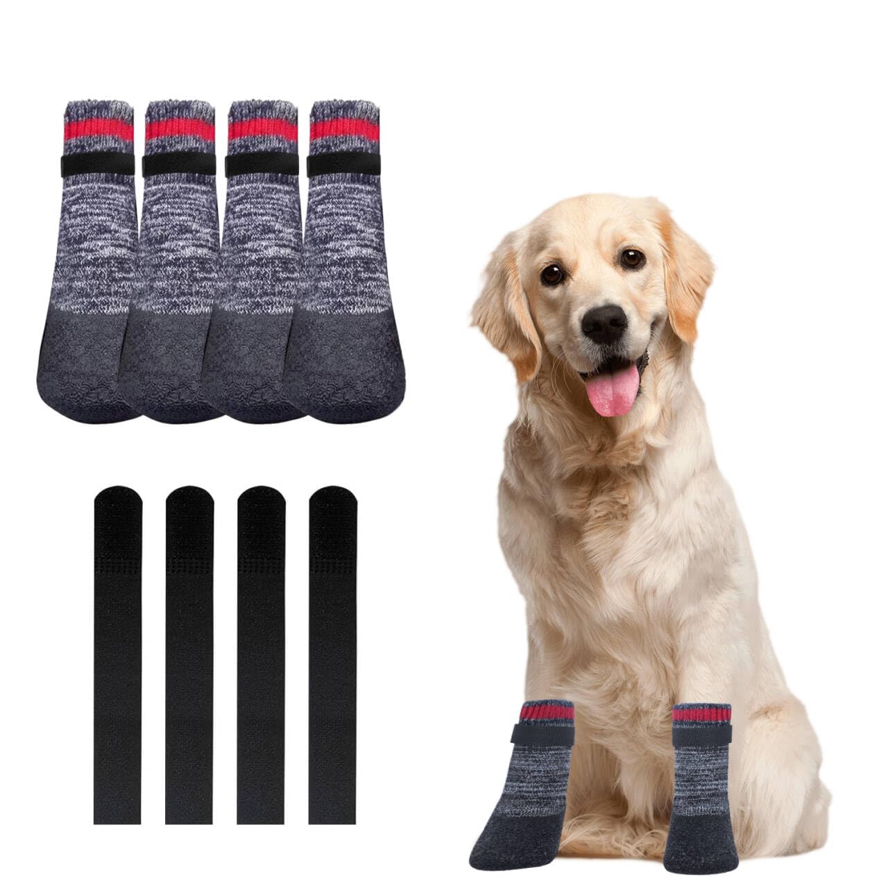 Voarge 4 Stück Hundesocken mit rutschfesten, Socken für Hunde Verstellbarer, wasserdichte Antirutschsocken für kleine, mittlere und große Hunde, S