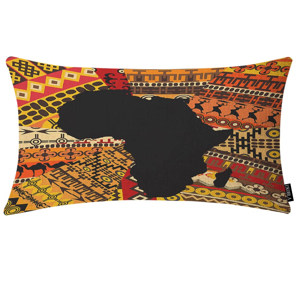 EKOBLA Africa Map Pillow Ethnic Geometric Camel Ancient Square Cotton Linen Decorative Cushion Case for Couch Sofa Chair Bed 12x20 Inches