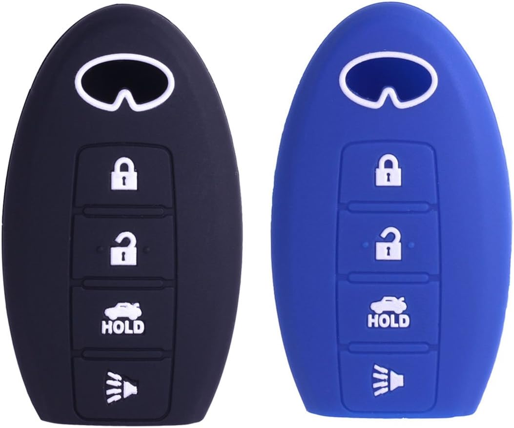 2Pcs XUHANG Sillicone Key fob Skin Key Cover Remote Case Protector Shell for Infiniti EX35 FX50 G35 G37 M45 QX56 FX50 M35 M56 QX60 QX80 Smart Remote 4 Button Blue Black