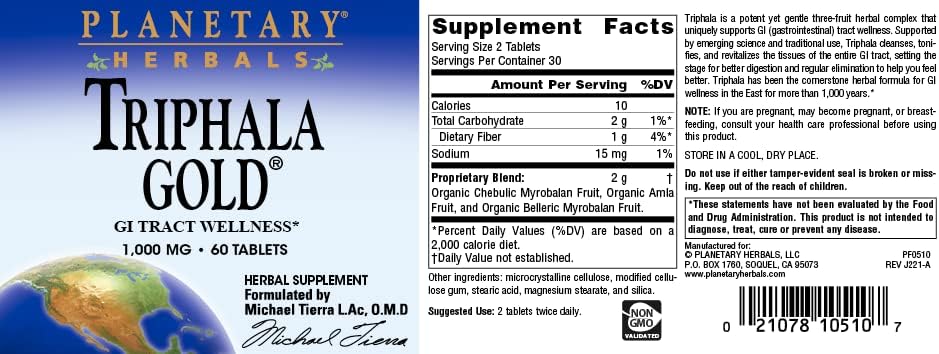 Miniatura 4 de Planetary Herbals Triphala Gold 1000mg - 60 Tabletas