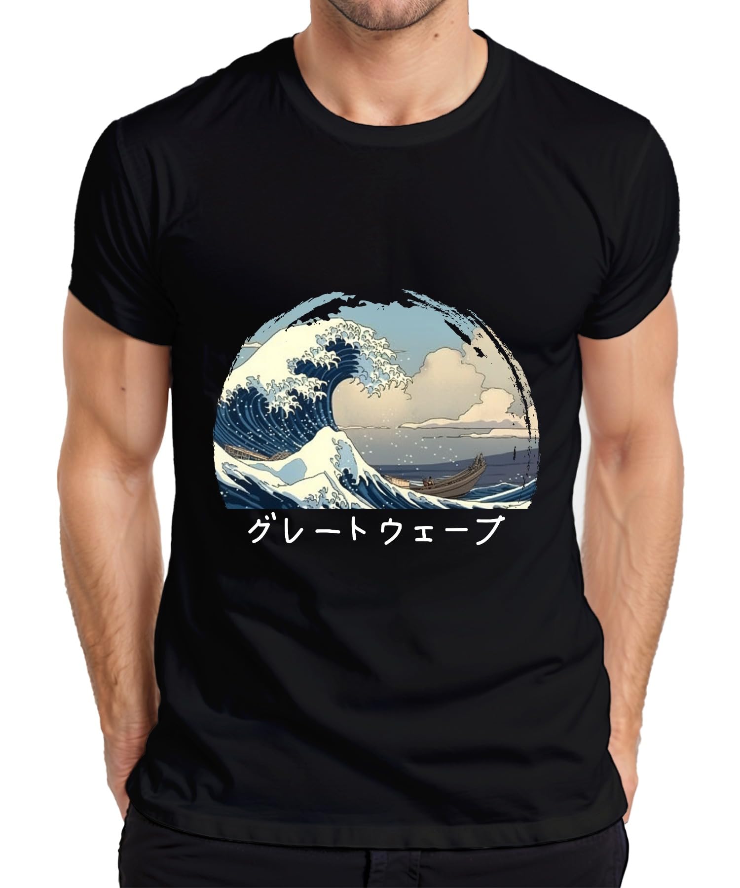 Hokusai Wave Japanese Ukiyoe Sea Boat Anime Manga Men's T-Shirt, black, M