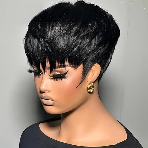 Miniatura 1 de Pelucas onduladas para mujeres negras, peluca de cabello humano Bob con flequillo, pelucas de corte Pixie, sin encaje frontal, peluca sin pegamento,