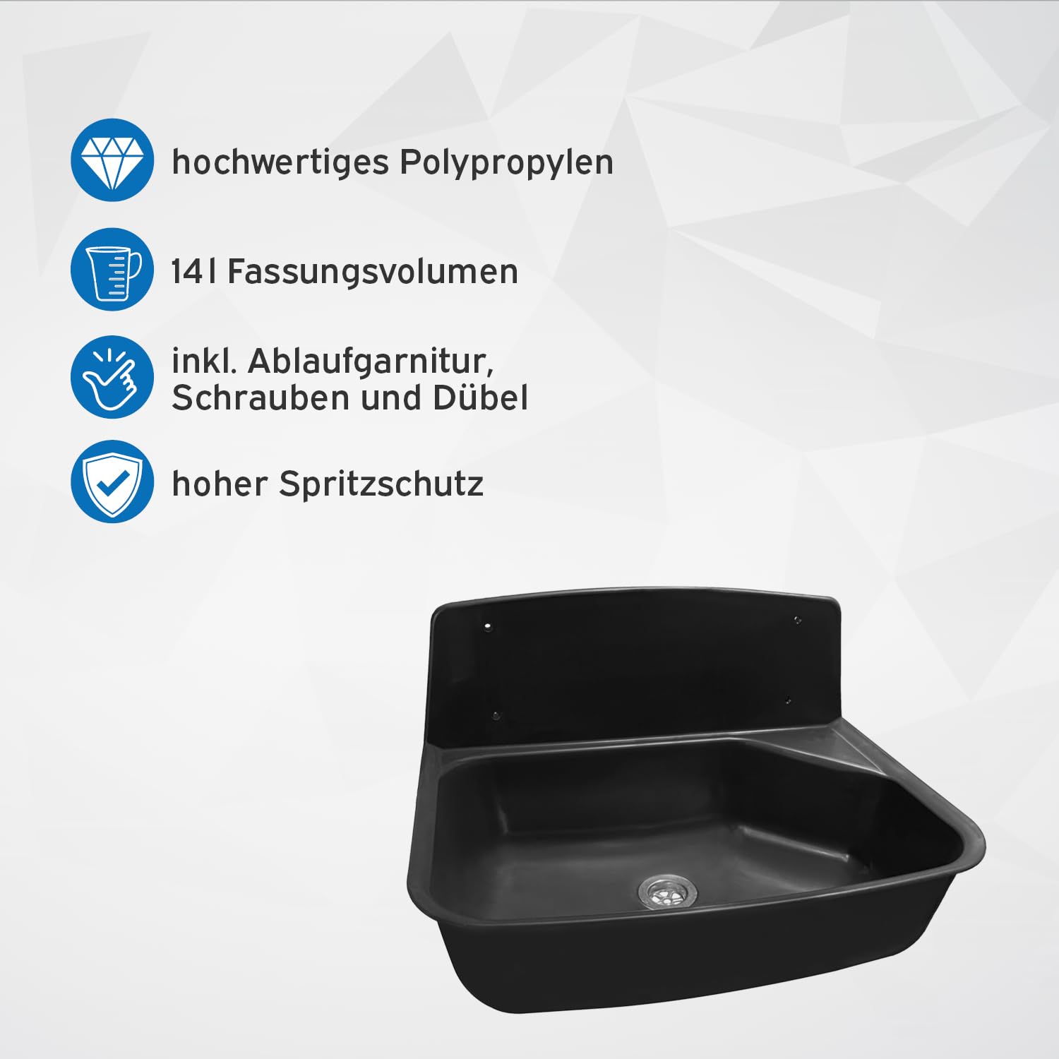 kör4u Set completo di lavandino nero, 52,6 cm, in plastica, con tappo di scarico, sifone in plastica bianco 1 1/2" x 40 mm, tappo in gomma DN 40/50