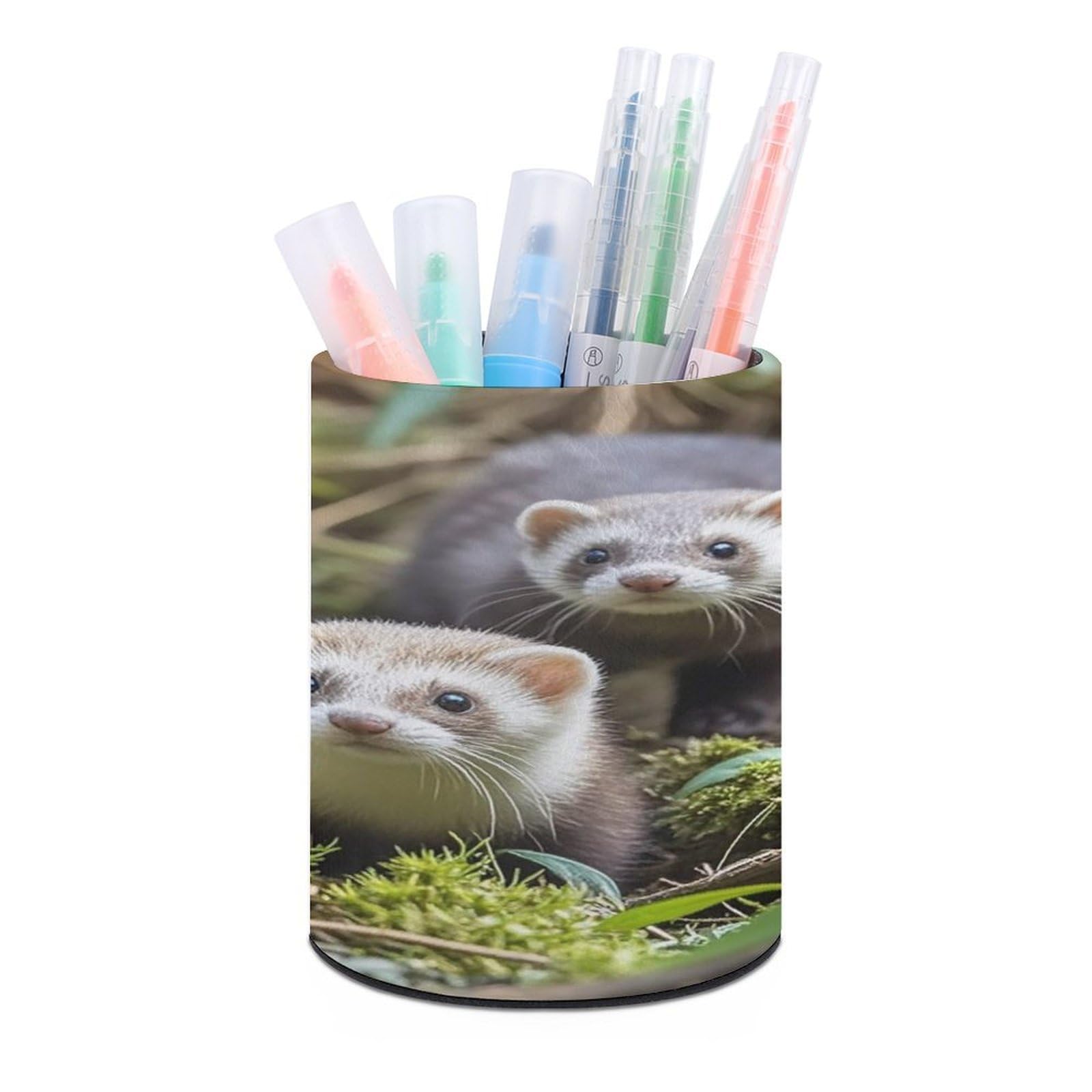 FekiLoot Round Ferrets Pen Holder for Desk PU Leather Waterproof Pencil Cup Stand Minimalist Makeup Brush Storage Organizer Desktop Stationery Container Accessorires