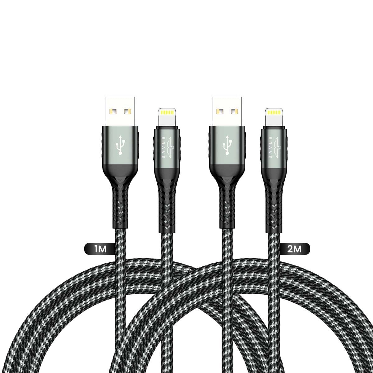 Brave 30w 2 in 1 pack USB to Lightning Nylon Braided Data Cable 3.1A Fast Charging Charger for iPhone 14 Pro Max, iPhone 13 12 11 Pro Max Mini XS Plus 1m & 2m BDC-40 (Black)