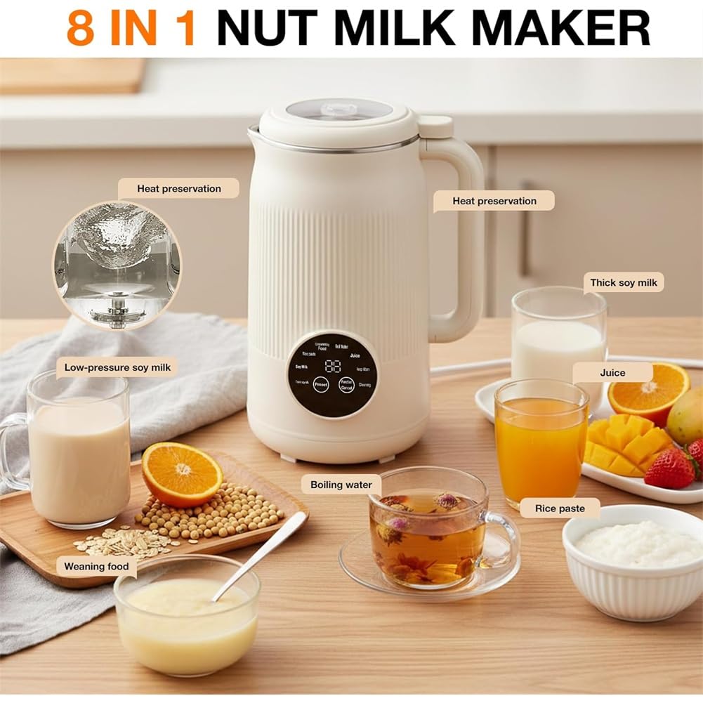 Selbstreinigende 40 Oz Nussmilchmaschine, Verzögerter, Warmhaltefunktion - Sojamilchproduktion Inklusive, für Saft & Smoothie, Europastecker EU Plug