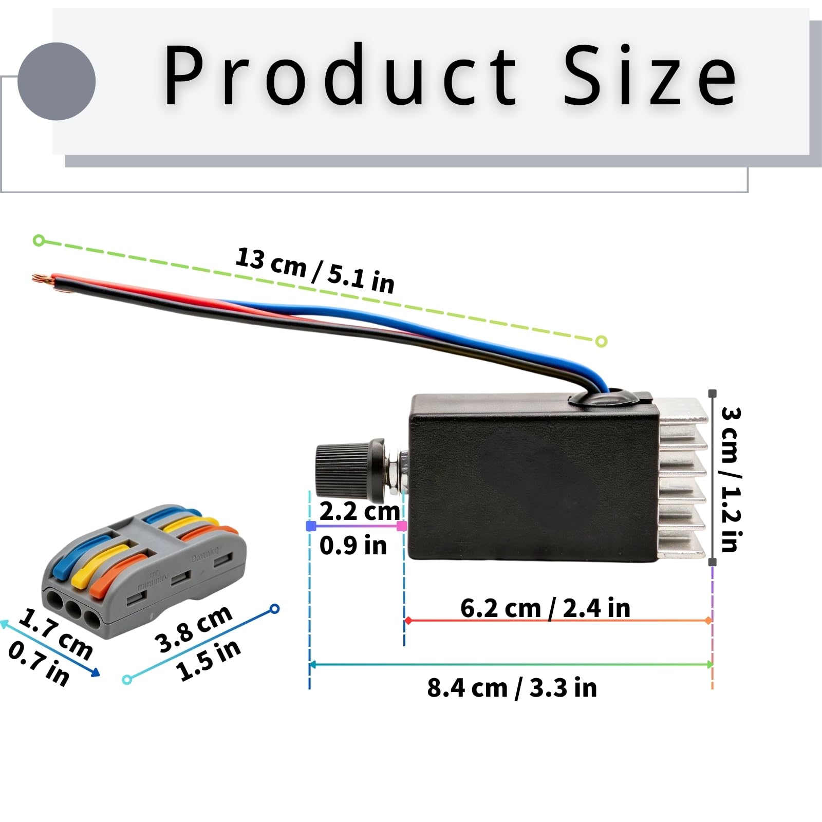 DC Motor Drehzahlregler 12V 24V 10A PWM, Universeller elektronischer stufenloser variabler Reglerschalter mit Kühlkörper & Hebeldrahtanschlüssen für einfache Verkabelung, Auto LKW
