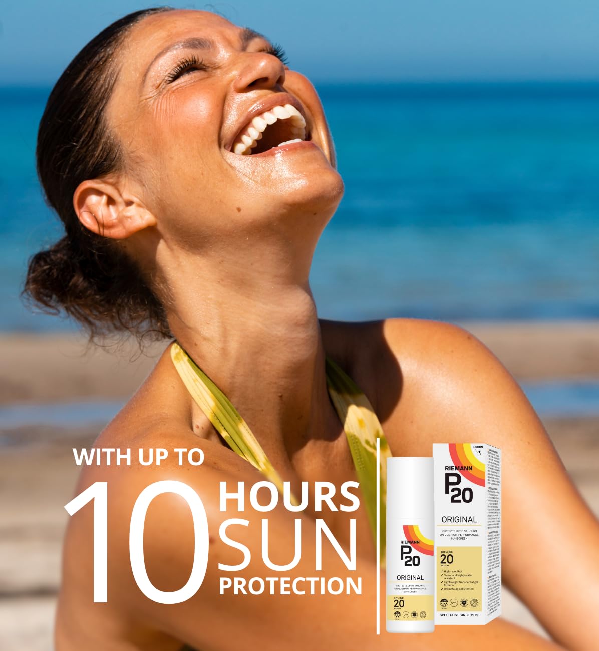 RIEMANN P20 Original SPF20 Spray 200 ml, protection solaire avancée, haute performance, triple protection + résistance à la transpiration, protège jusqu'à 10 heures, très résistant à l'eau
