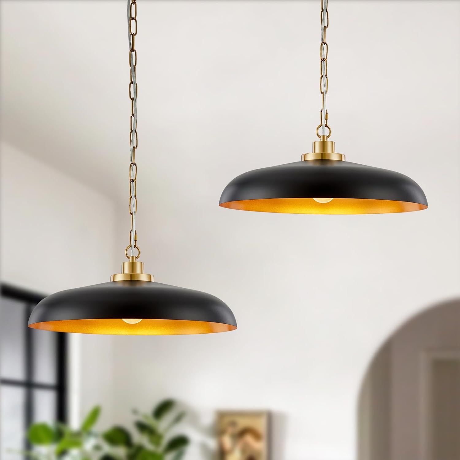 2 Pieces Large Black and Gold Pendant Lighting 17.7inch Farmhouse Pendant Light Fixtures for Kitchen Industrial Modern Pendant Lights Dining Room Hallway Bar Office Entrance Black 2 Pcs 17.7 in Black and Gold