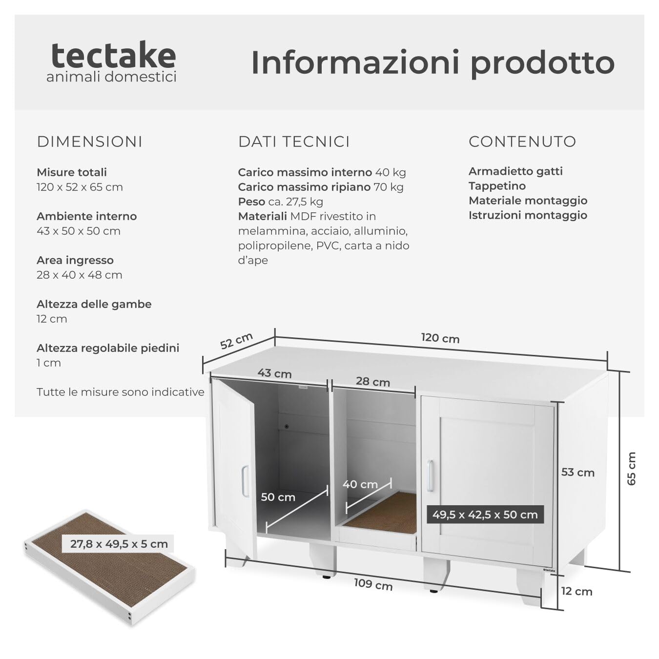 tectake® Mobile lettiera gatto chiusa a due ante, ingresso centrale, tappetino tiragraffi, mobiletto lettiera gatto, armadietto per lettiera gatti, ante magnetiche - 120 x 52 x 65 cm - Bianco